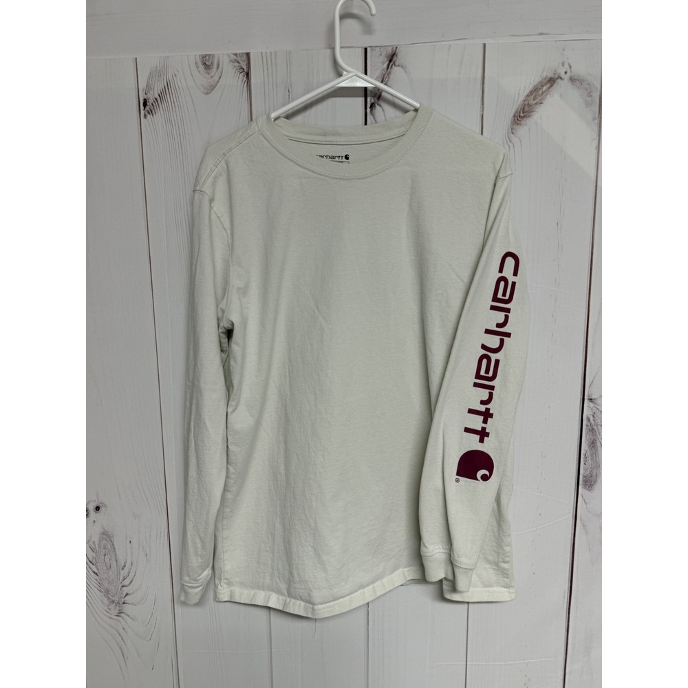 Carhartt Womens Loose Fit Long Sleeve Shirt Large Cream Maroon Logo Cotton EUC